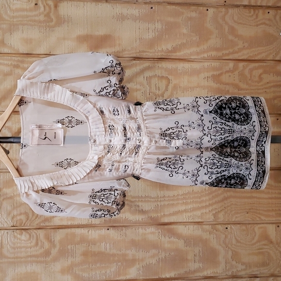 S Line Beige Brown Pleated Lace Balloon Sleeve Peasant Sheer Tunic Top … - Picture 1 of 5